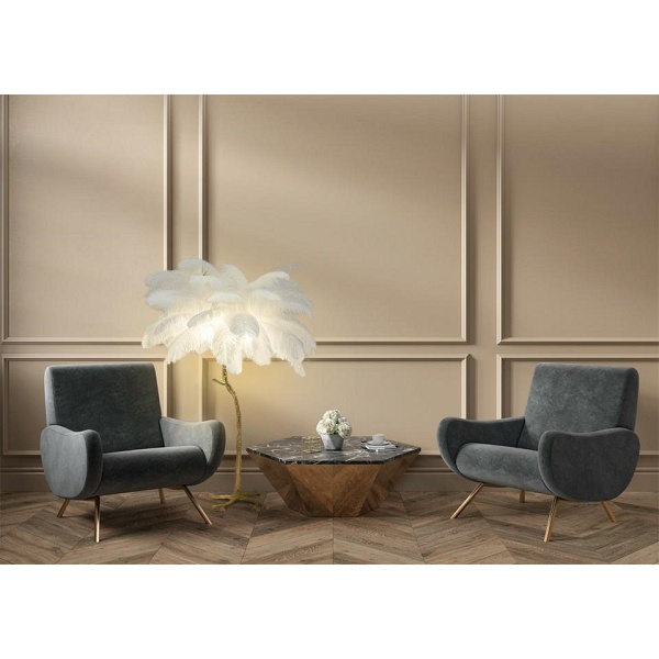 Lampa podłogowa TIFFANY 175 biała mosiądz / naturalne pióra - Moosee